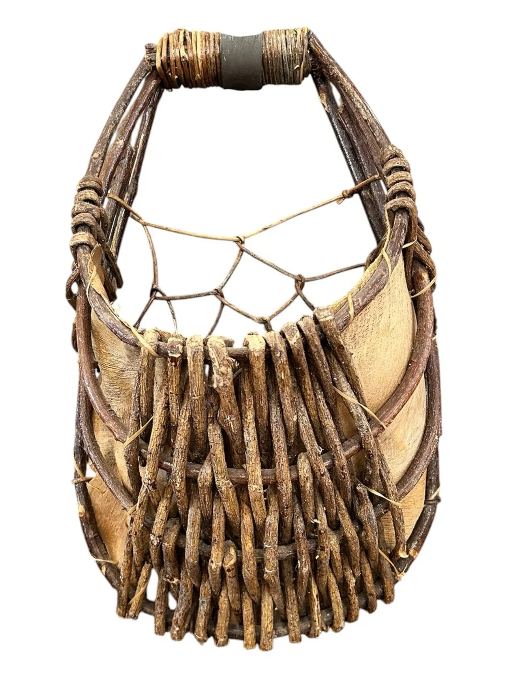 Vtg Palm Leaf & Woven Twig Hanging Wall Basket 17